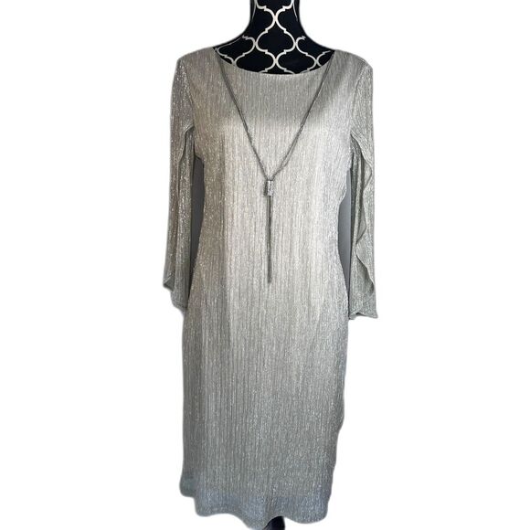 Prelude Gold Metallic Shimmer Split Sleeve Necklace Cocktail Shift Dress Size 10 - Picture 1 of 9